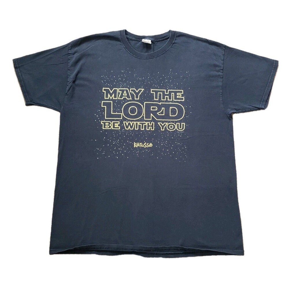 2014 May The Lord Be With You Sz XL Mens Faded Black Double Side Jesus T-Shirt